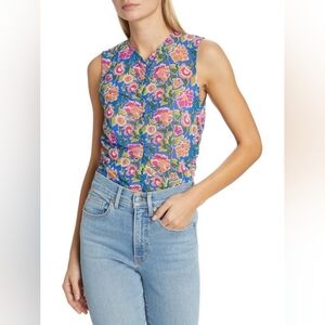 Sleeveless Floral V-Neck Top in Blue and Pink